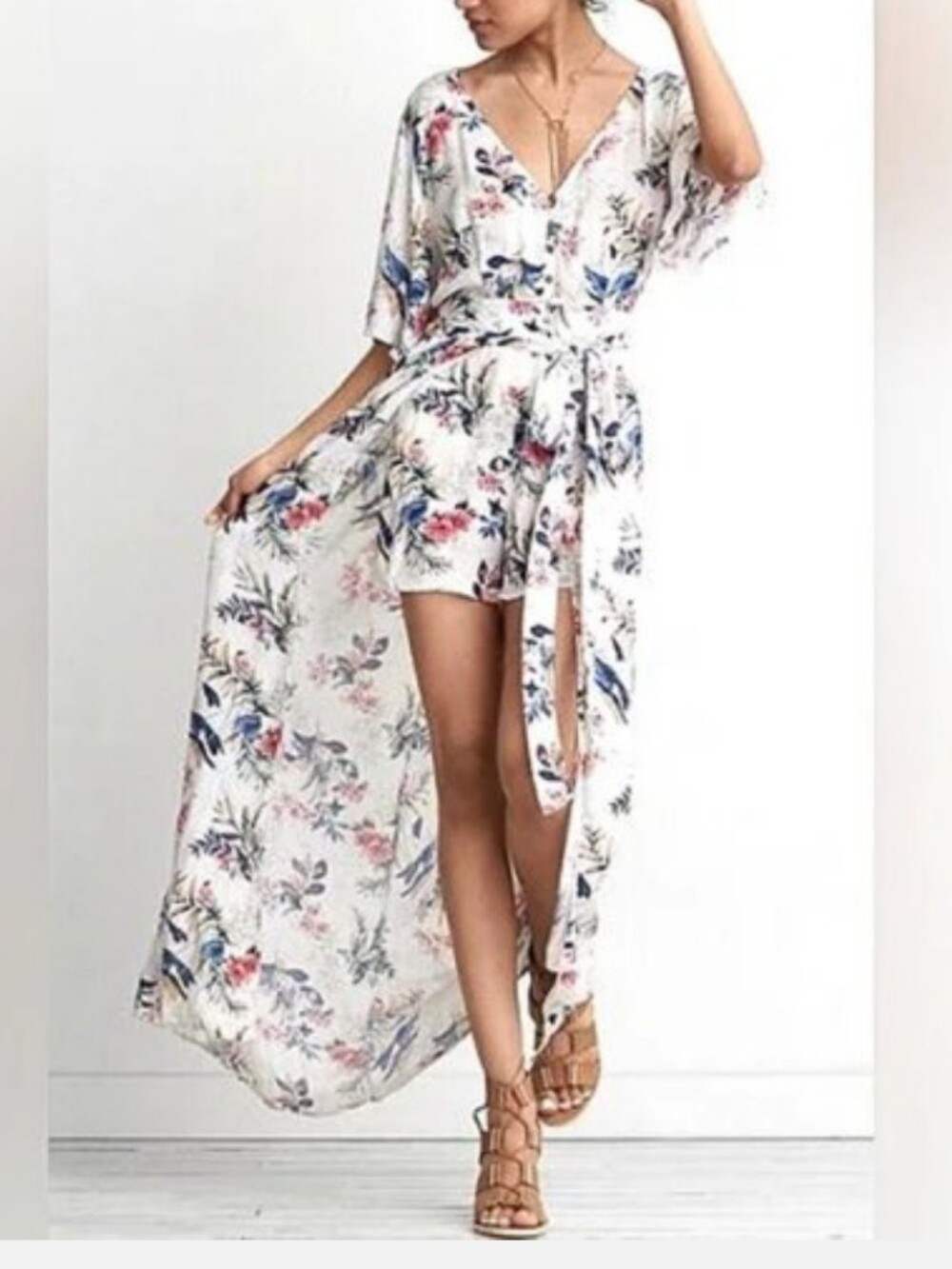 American Eagle Floral Maxi Romper Dress Boho V-Neck High Low Size 6